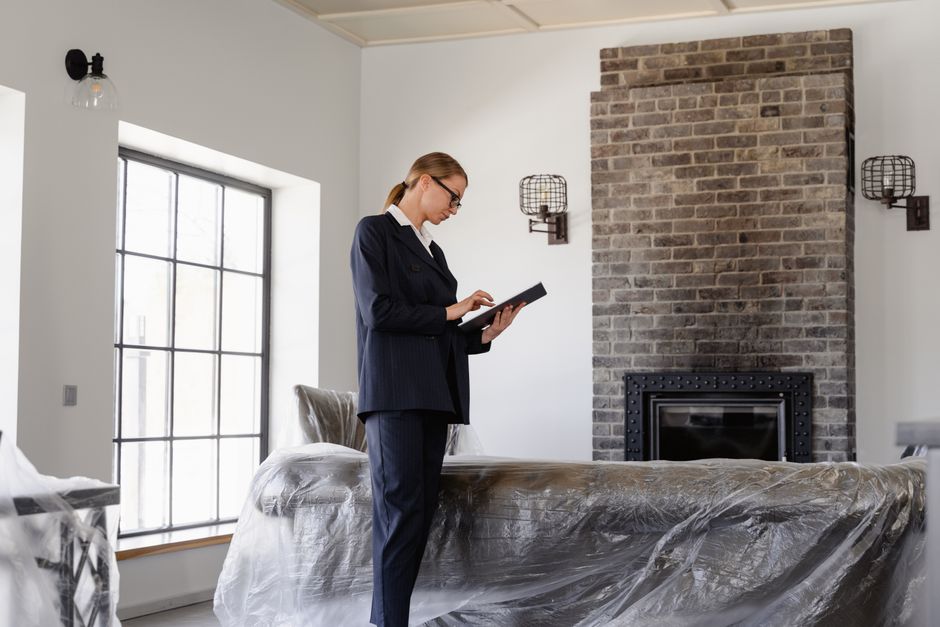 A professional real estate agent in a modern home interior, presenting information on a tablet, highlighting the agent's role as an expert guide who interprets data for clients.